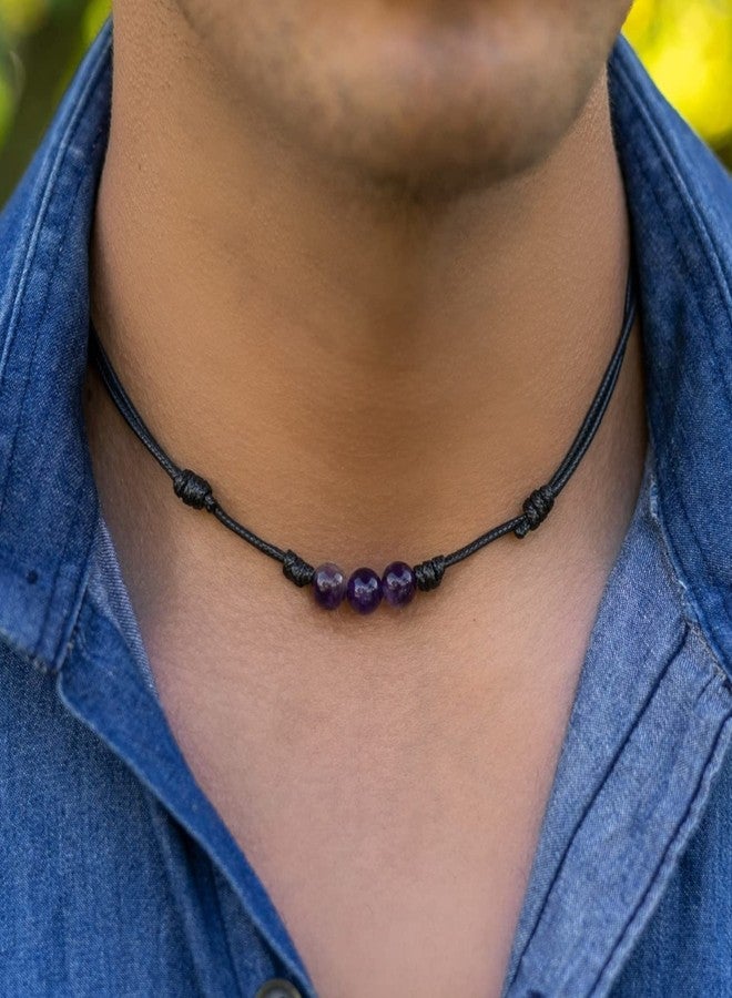 Luck Strings Genuine Amethyst Choker Necklace - Handmade Adjustable Wax Cord Jewelry for Meditation, Spiritual Healing, and Boho Style Gift for Men & Women - Image 5